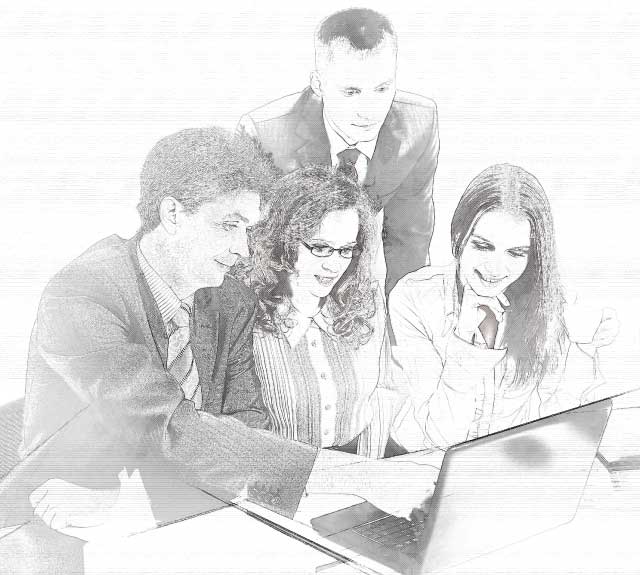 Office professionals using Xene business software for sales tracking, invoicing, seller pricing control, account updates, and year-end summaries.